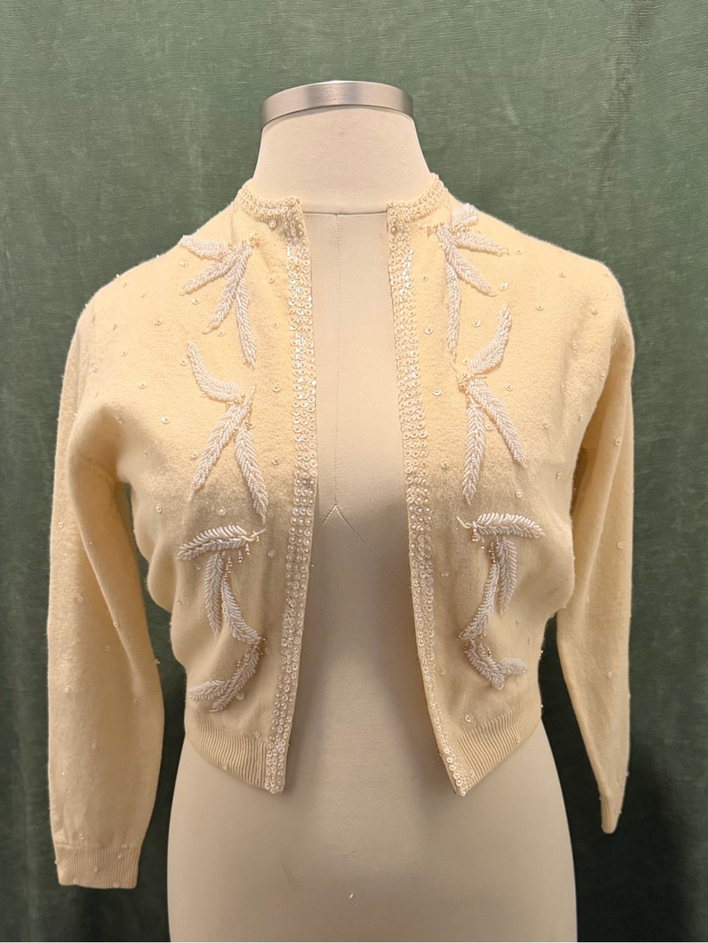 Vintage Cream Beaded Embroidered Cropped Sweater Cardigan - Made In Hong Kong